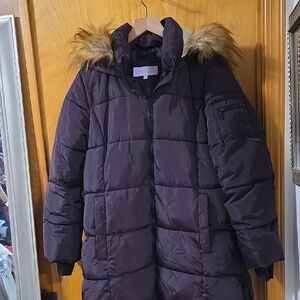Plum Puffer Coat with Faux Fur Hood